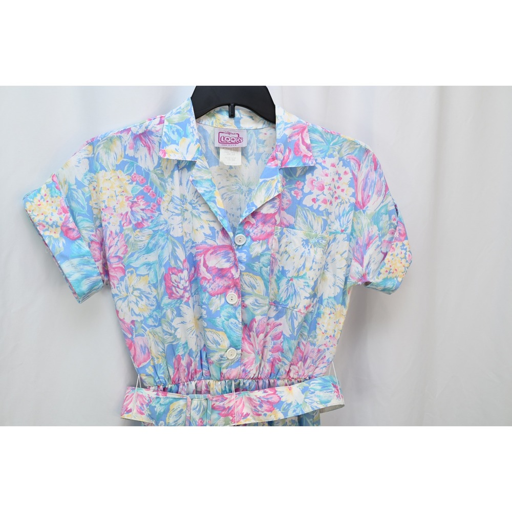 California Looks Vintage Floral Short Sleeve Belted Midi Dress 10P Made in USA - Picture 2 of 7
